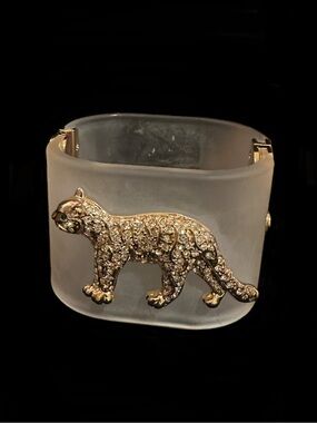 Frosted Lucite Cuff Bracelet with Gold Crystal Leopard